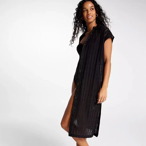 NWT CALIA Women's Extended Sleeve Button Down Swim Cover Up BLACK ya - Picture 6 of 9